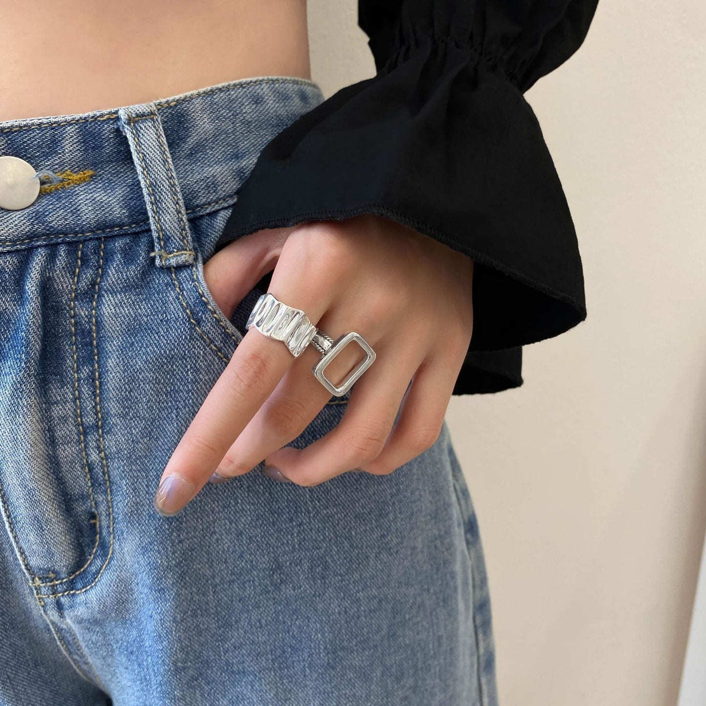 Irregular Texture Silver Adjustable Ring