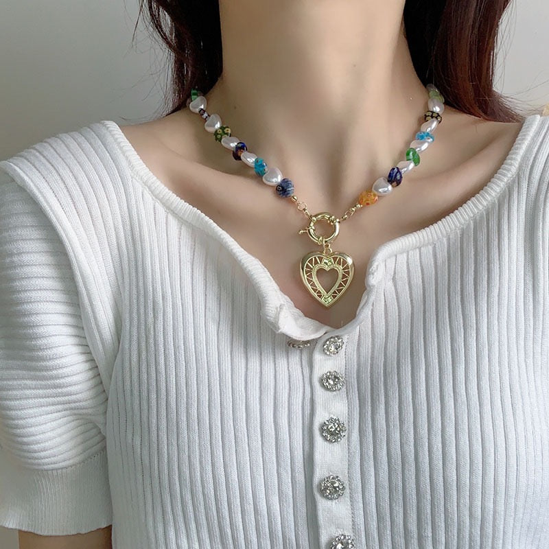 Glass Hollowed Out Heart Colorful Necklace