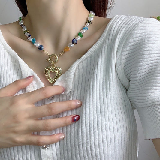 Glass Hollowed Out Heart Colorful Necklace