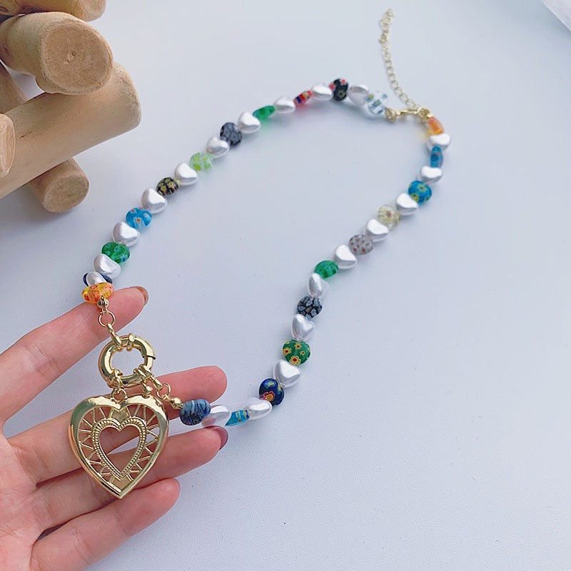 Glass Hollowed Out Heart Colorful Necklace