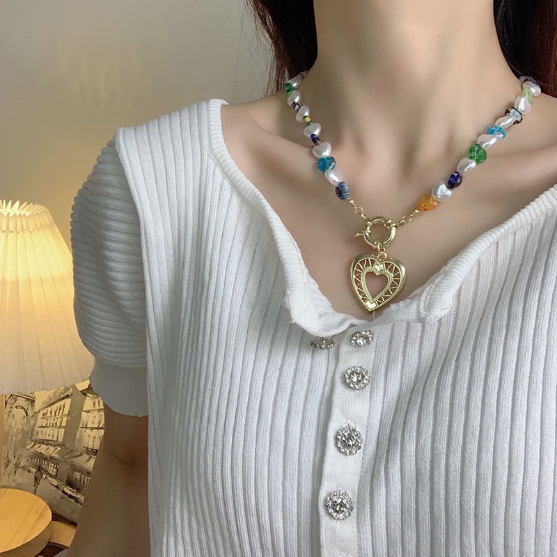 Glass Hollowed Out Heart Colorful Necklace