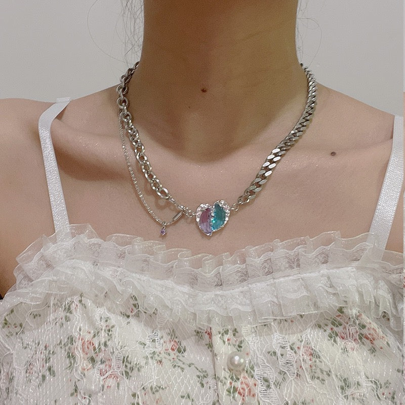 Contrasting Gemstone Heart Panel Necklace