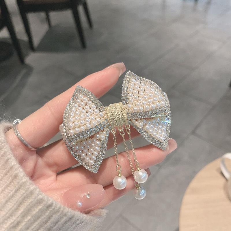 Bow Knot Tassel Pearl Clip