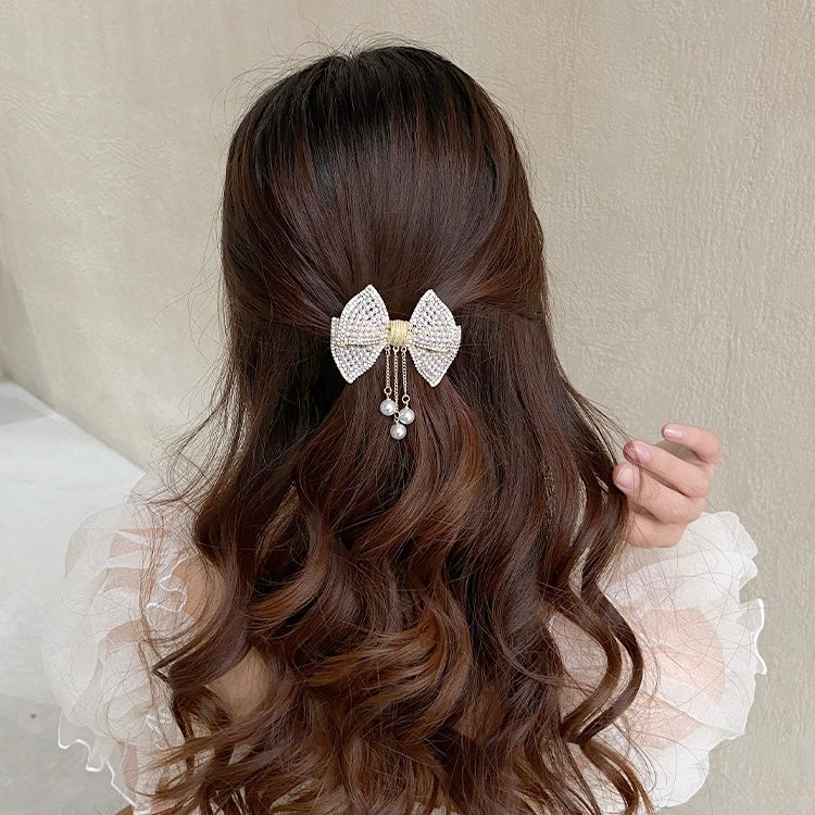 Bow Knot Tassel Pearl Clip