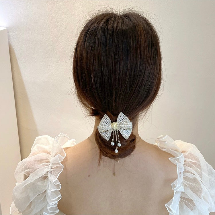 Bow Knot Tassel Pearl Clip