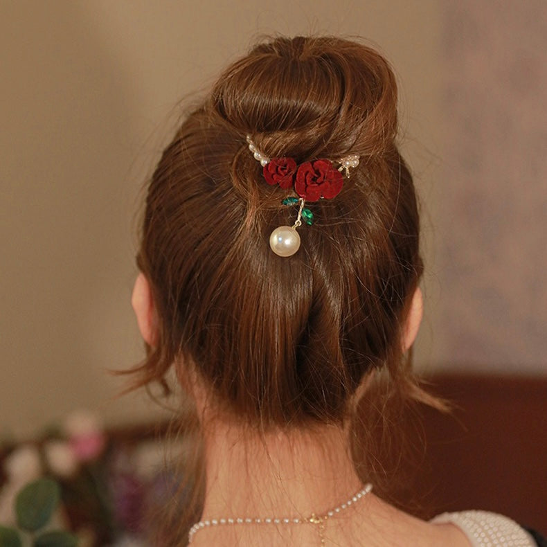 Red Rose Pearl Hair Clip