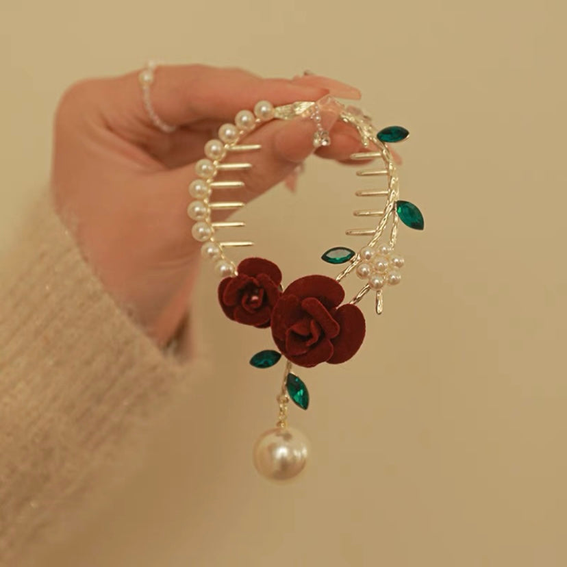 Red Rose Pearl Hair Clip