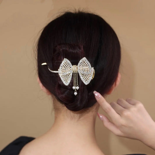 Bow Knot Tassel Pearl Clip