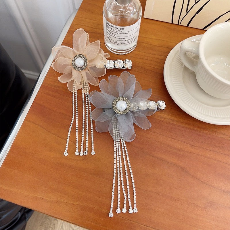 Flower Pearl Tassel Hair Clip