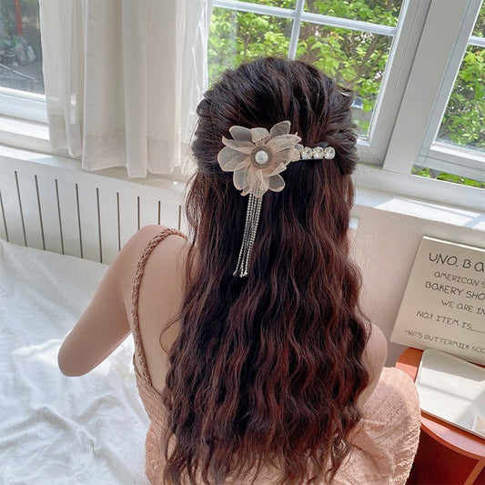 Flower Pearl Tassel Hair Clip