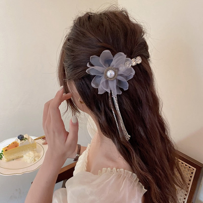 Flower Pearl Tassel Hair Clip
