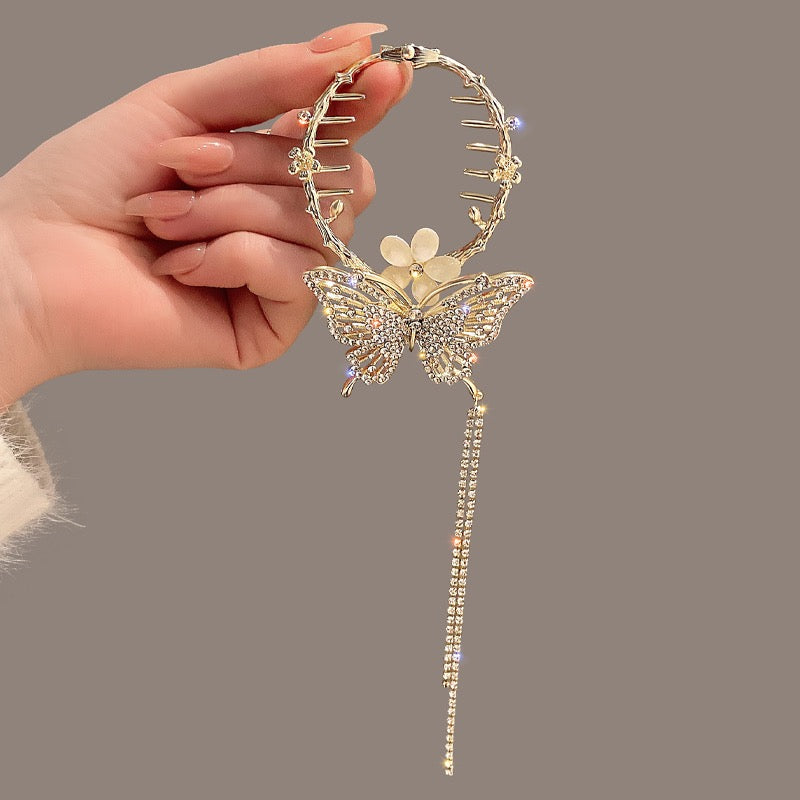 Pearl Rhinestone Butterfly Tassel Hair Clip