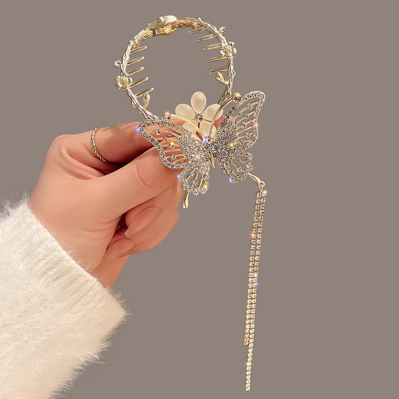 Pearl Rhinestone Butterfly Tassel Hair Clip