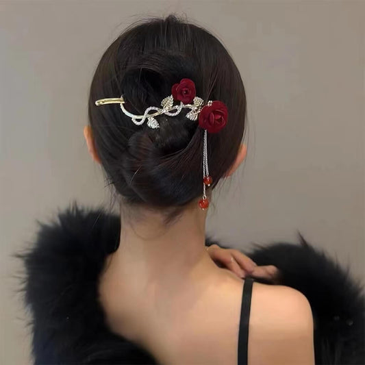 Gold Rose Tassel Hair Clip