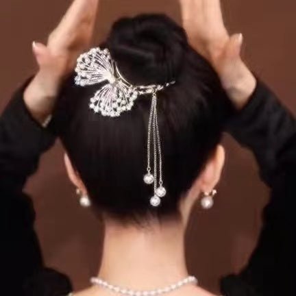 Pearl Butterfly Tassel Hair Button