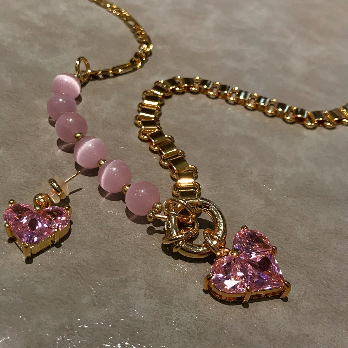 Pink Masonry Heart Necklace & Earings
