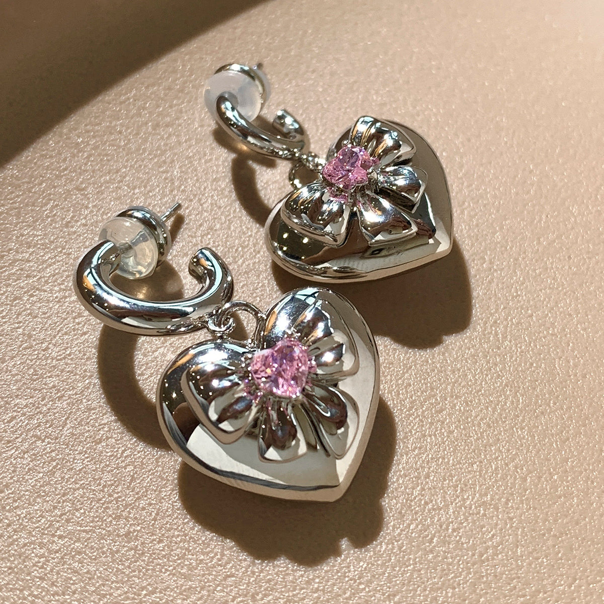 Pink Crystal Heart Earrings
