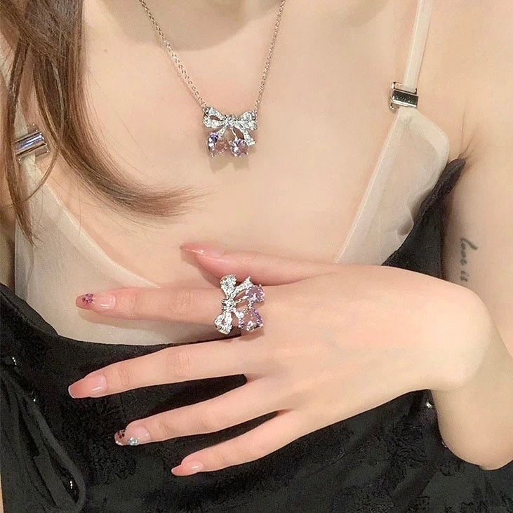 Pink Masonry Bow Necklace & Ring