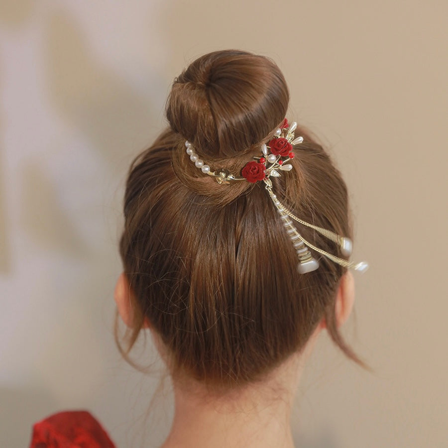 Rose Pearl Tassel Hair Clip