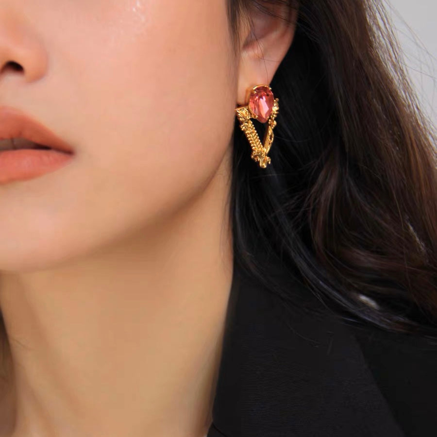 Gold V-Shaped Gemstone Earrings