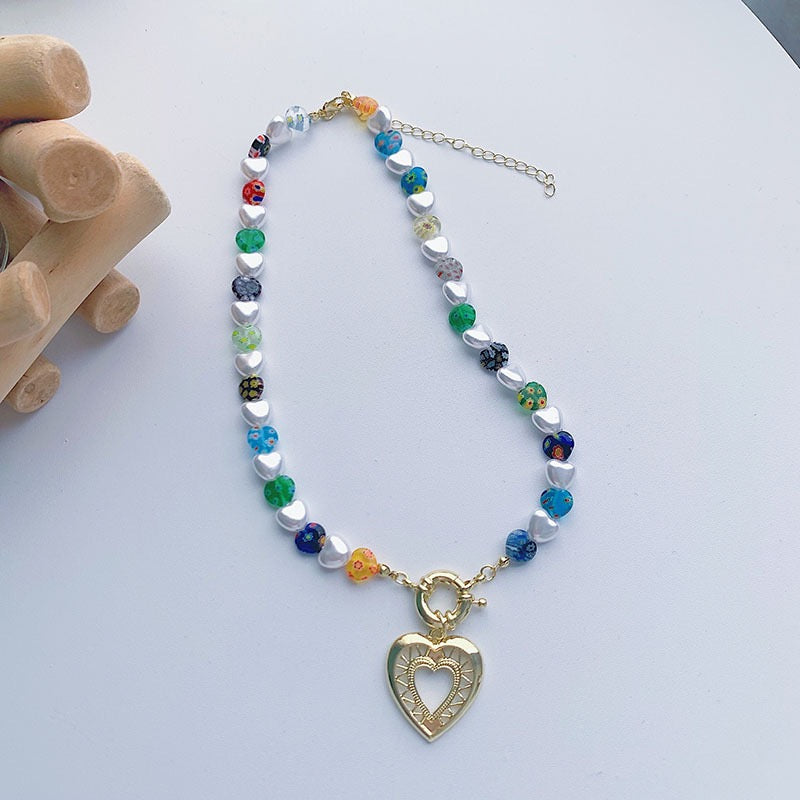 Glass Hollowed Out Heart Colorful Necklace