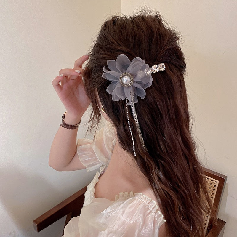 Flower Pearl Tassel Hair Clip