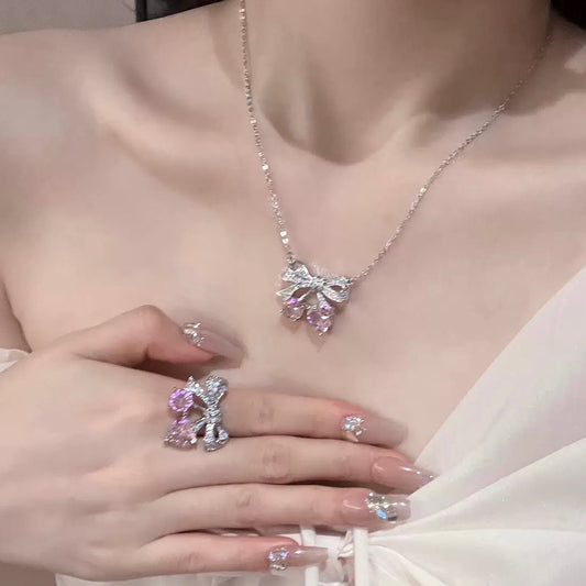 Pink Masonry Bow Necklace & Ring