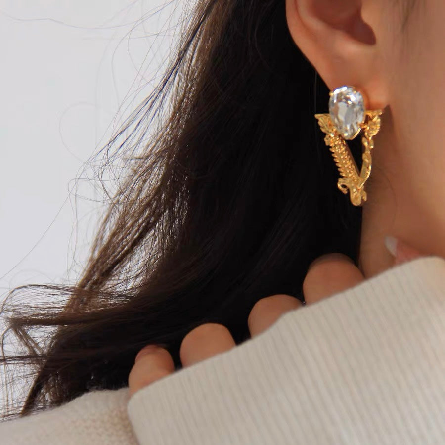 Gold V-Shaped Gemstone Earrings