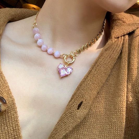 Pink Masonry Heart Necklace & Earings